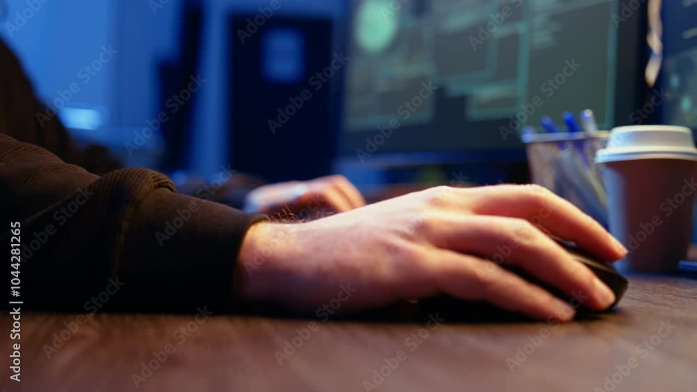Poster meticulous hacker typing on computer keyboard, doing data breaches and financial theft in dark bunke