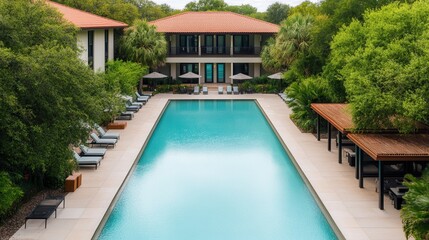 Tropical Resort Pool with Cabanas and Lush Garden Surroundings