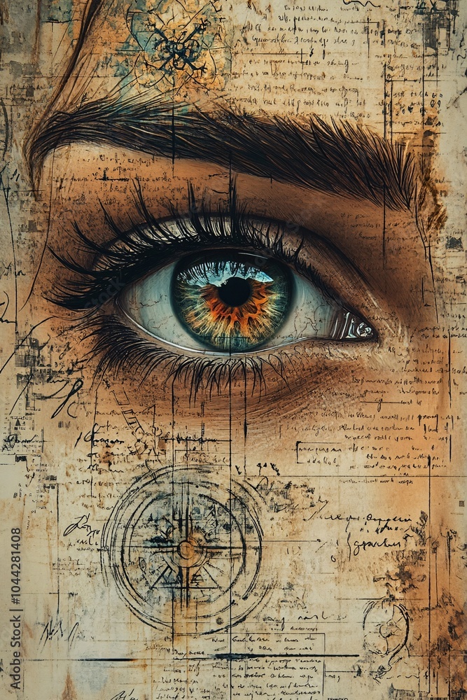 Poster captivating eye artwork merging intricate details with natural elements reflecting depth and artisti