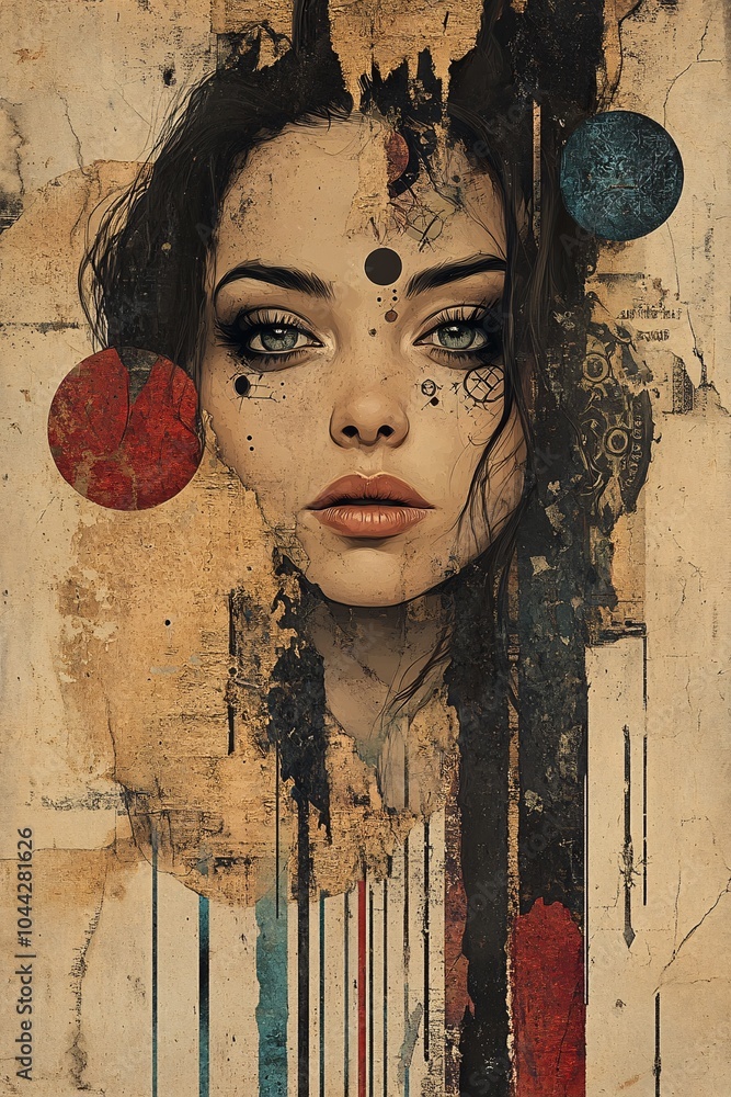 Poster a surreal portrait blending abstract art and emotive expression with cosmic elements and intricate d