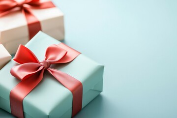 Obraz premium Two presents with red bows on them are on a blue background