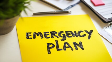 A yellow post it that says Emergency Plan