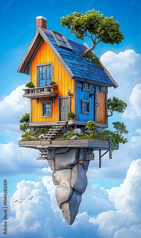 Aufkleber a whimsical floating house surrounded by clouds and a tree merging nature with imaginative architect
