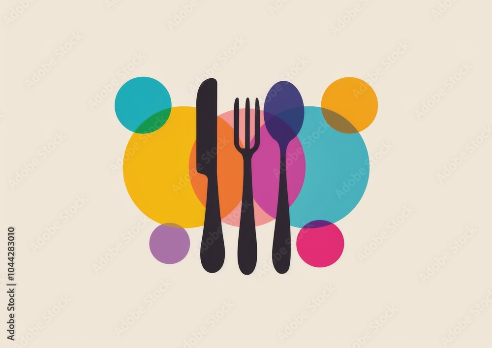Poster minimalist logo design featuring three circular shapes in different colors with a cutlery icon and t