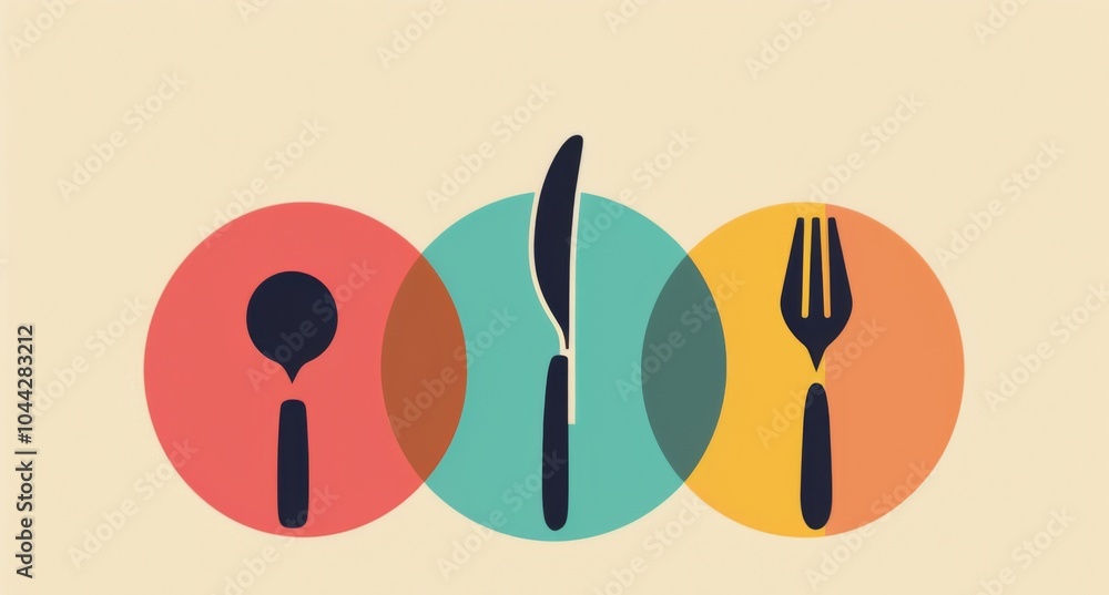 Poster minimalist logo design featuring three circular shapes in different colors with a cutlery icon