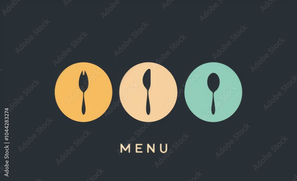 Poster minimalist logo design featuring three circular shapes in different colors with a cutlery icon and t