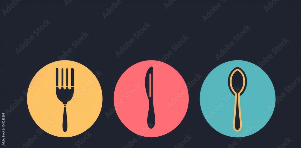 Poster minimalist logo design featuring three circular shapes in different colors with a cutlery icon