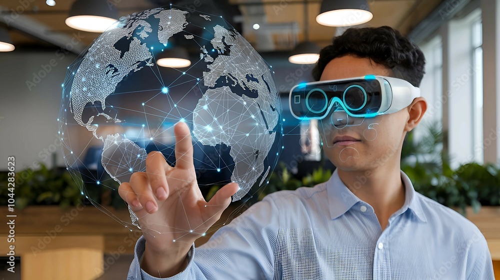 Poster man wearing futuristic augmented reality headset interacting with virtual holographic globe represen