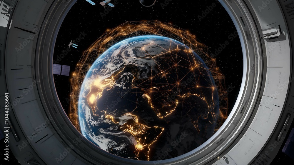 Poster view of earth from space through a window representing global connectivity technological advancement