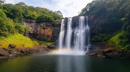 Sunlight Shining Through Mist at Waterfall Base