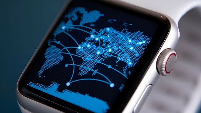 modern smartwatch screen displaying global connectivity map showcasing advancements in wearable technology digital networking and real-time global data sharing features