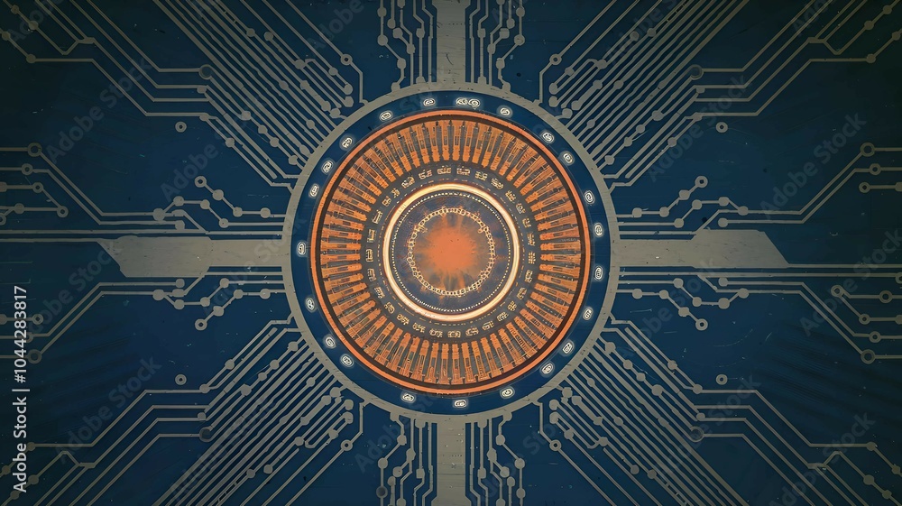 Aufkleber abstract orange digital circuit design representing technology innovation futuristic microchip patte