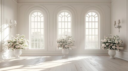 Elegant wedding interior design with white blossoms in vases, large arched windows, and a white wooden floor