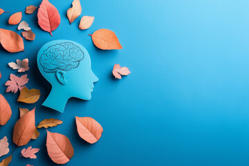 Human Head Silhouette with Brain Drawing and Autumn Leaves on Blue Background