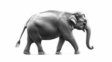 Obraz premium Majestic large grey asian elephant in side profile walking slowly on a pure white isolated background with ears flapping and trunk curled downwards. Titanic Behemoth. Illustration