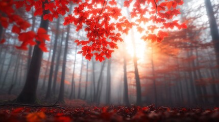 Fototapeta premium Sunlight breaks through the branches of a misty autumn forest, with bright red leaves and fallen foliage on the ground.