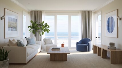 Fototapeta premium Coastal Beach Modern living room with white sofa, blue armchair, and large windows overlooking the ocean.