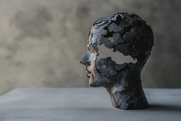 Cracked Human Head Sculpture Abstract Art Broken Grey Background