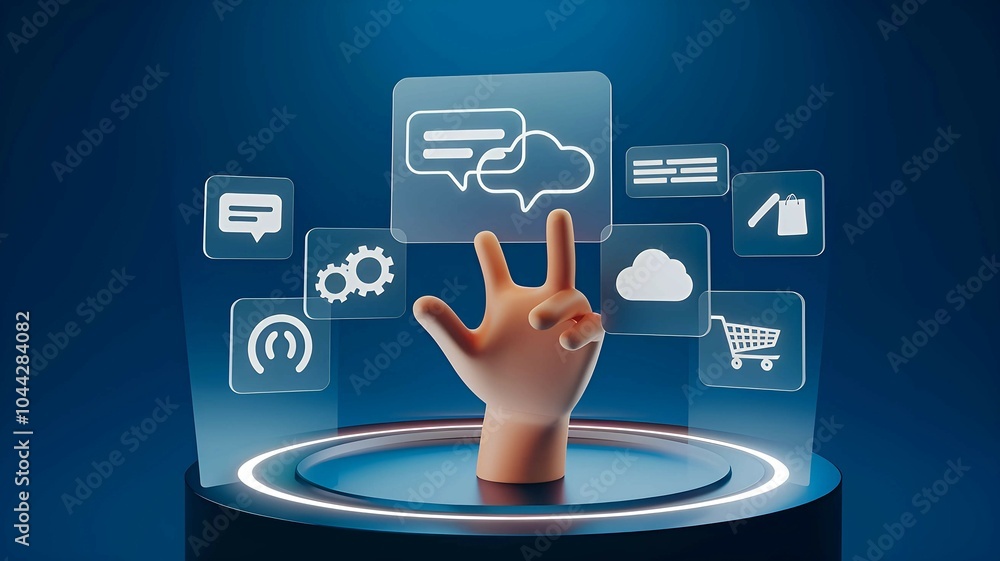 Poster robotic hand emerging from digital hologram concept of artificial intelligence and automation
