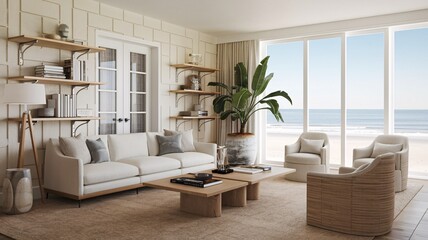 Fototapeta premium Coastal Beach A contemporary living room with a large window showcasing a stunning ocean view. The room is decorated with light wood furniture, white walls, and a large plant.