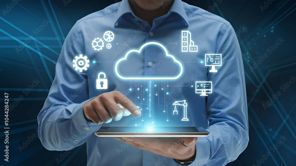 Poster man working with digital cloud platform showcasing online storage and connectivity solutions
