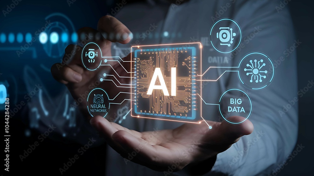 Poster hand presenting ai hologram artificial intelligence and innovation in modern technology