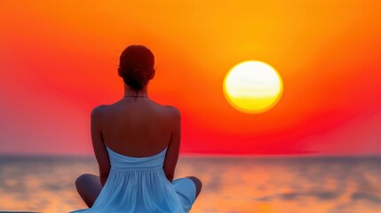 Silhouette of a woman against the sunset, ocean waves reflecting hues of orange and pink, capturing a moment of peaceful solitude.