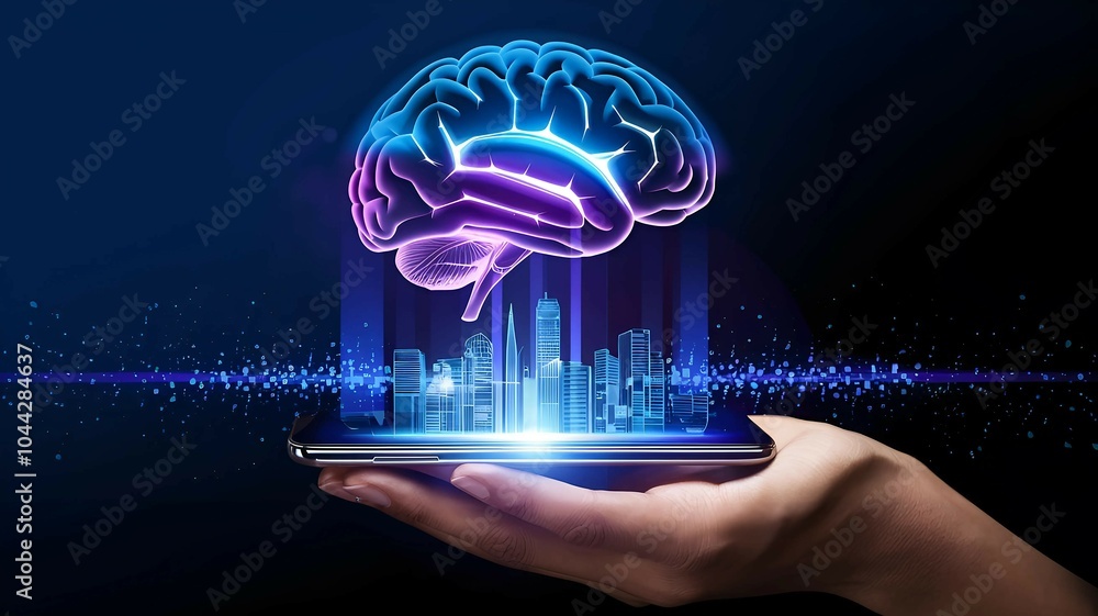 Poster hand holding glowing artificial intelligence brain with data visualization and innovation concept