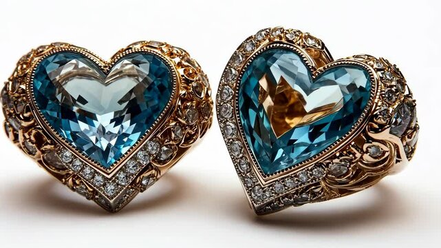 Two heart-shaped blue topaz rings, set in gold and surrounded by diamonds, shine brightly on a white background