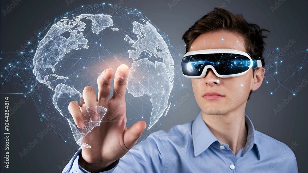 Poster man in augmented reality goggles exploring futuristic technology and virtual world