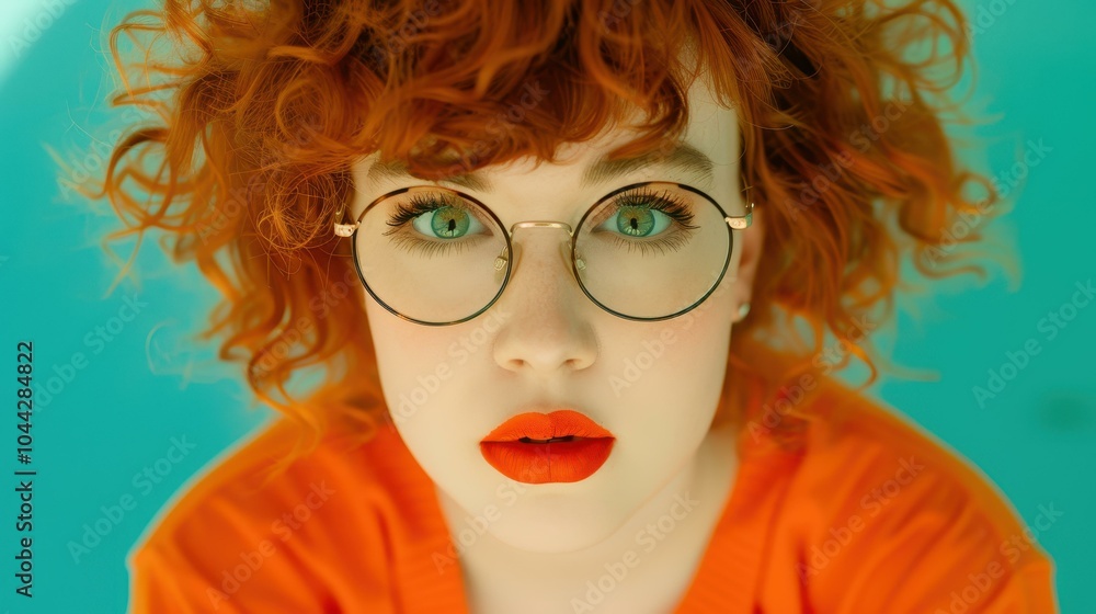 Poster A joyful redhaired woman with curls and glasses beams at the camera against a soft, blurred backdrop.