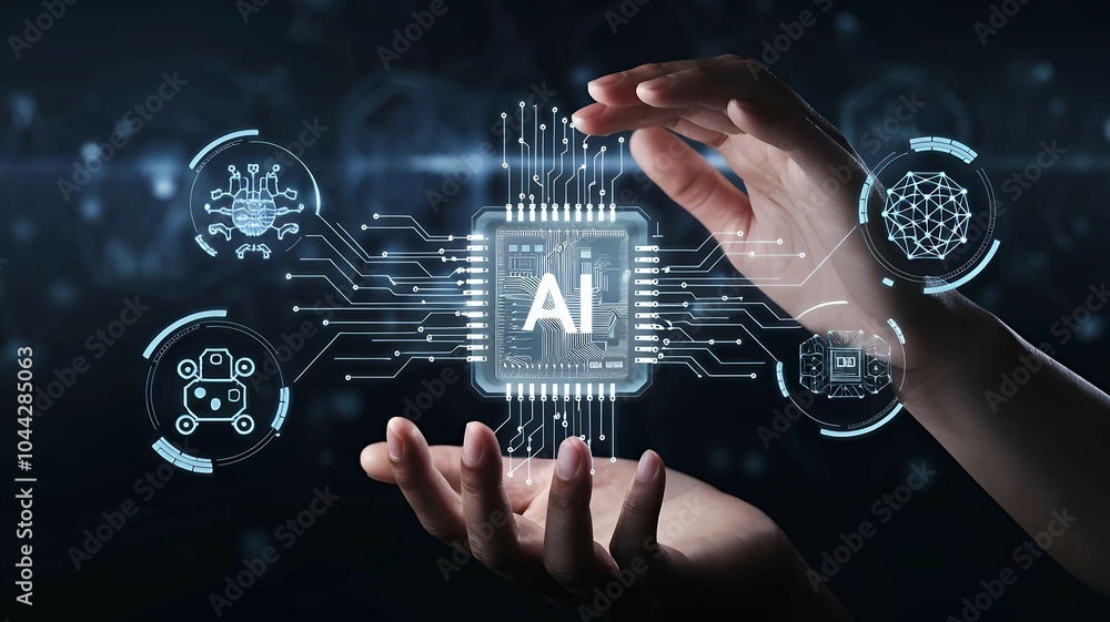 Poster hands presenting ai chip artificial intelligence innovation and future technology