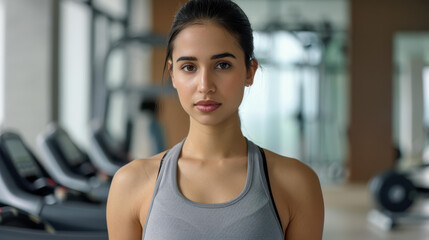 Fototapeta premium A strong woman in a sports tank top showcases her fitness journey after a tough gym session, radiating confidence.