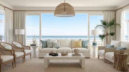 Fototapeta premium Coastal Beach Coastal living room with ocean view, white furniture, natural textures and blue accents.