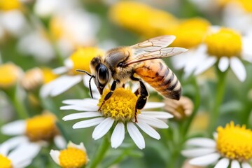 A close-up of a bee collecting nectar from a white daisy.