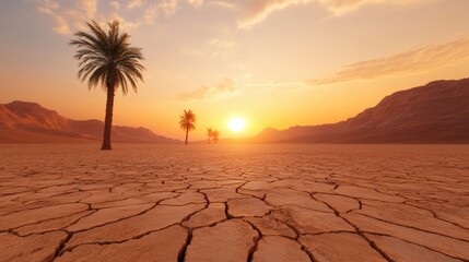 Dried Oasis with Cracked Earth and Palm Trees at Sunset