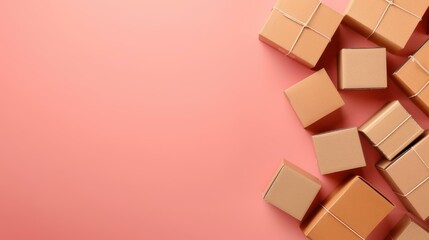 A collection of assorted brown cardboard boxes on a soft pink backdrop, offering a perfect mockup for various designs.
