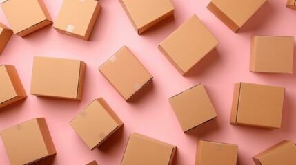 A collection of assorted brown cardboard boxes on a soft pink backdrop, offering a perfect mockup for various designs.