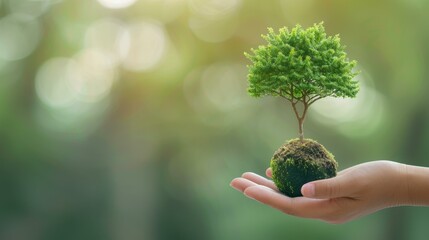 A hand cradles a globe with a thriving tree, symbolizing ecofriendliness in a vibrant green setting. Natures beauty thrives