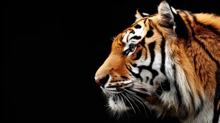Naklejka premium A stunning closeup of a striped tiger against a black backdrop, highlighting its fierce gaze and unique patterns with ample space for text.