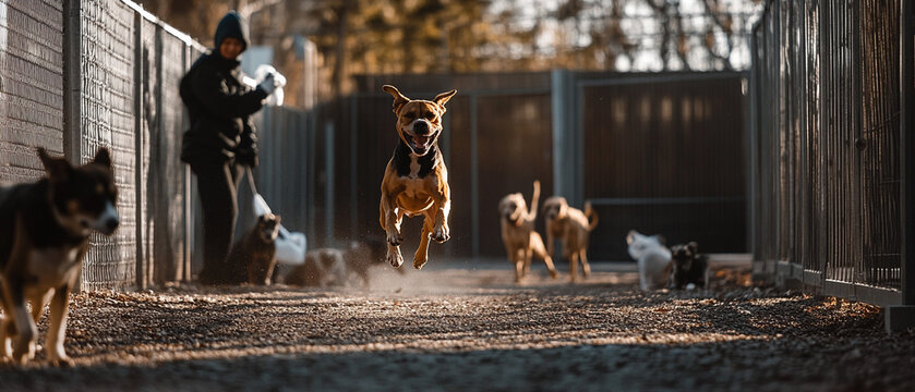 Boxer Dog Playing in Outdoor Kennel: Energetic Pup Jumping Around