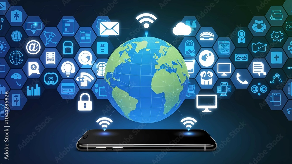 Poster digital globe with icons illustrating global connectivity and cloud technology