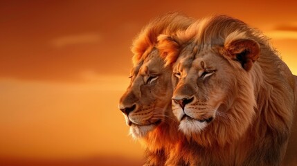 Fototapeta premium A stunning digital artwork showcasing a loving couple of African lions in a serene wildlife setting, radiating majesty.