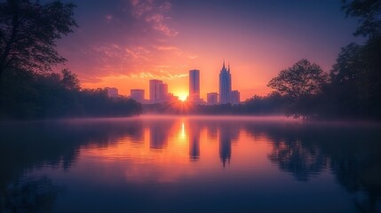 Fototapeta premium Cityscape Sunrise with Reflections on a Misty Lake