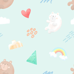 Repeat pattern, animal graphics, bears and tigers on a grass field, trees and sky.