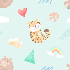 Repeat pattern, animal graphics, bears and tigers on a grass field, trees and sky.