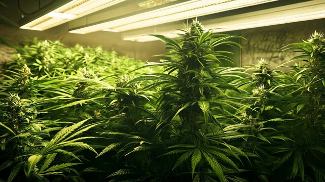 A close-up of a marijuana grow room with plants under bright lights