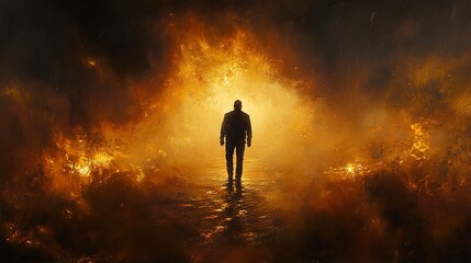 Obraz premium Silhouette of a Man Walking Towards Golden Light