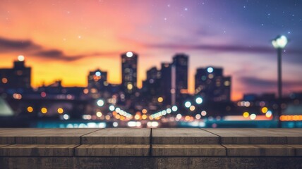 Fototapeta premium City skyline at dusk with warm glowing sky and buildings in silhouette