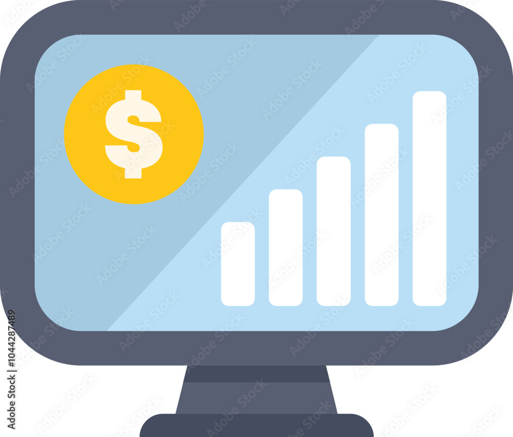 Poster computer screen is displaying a growing statistic bar graph and a dollar coin icon, representing fin